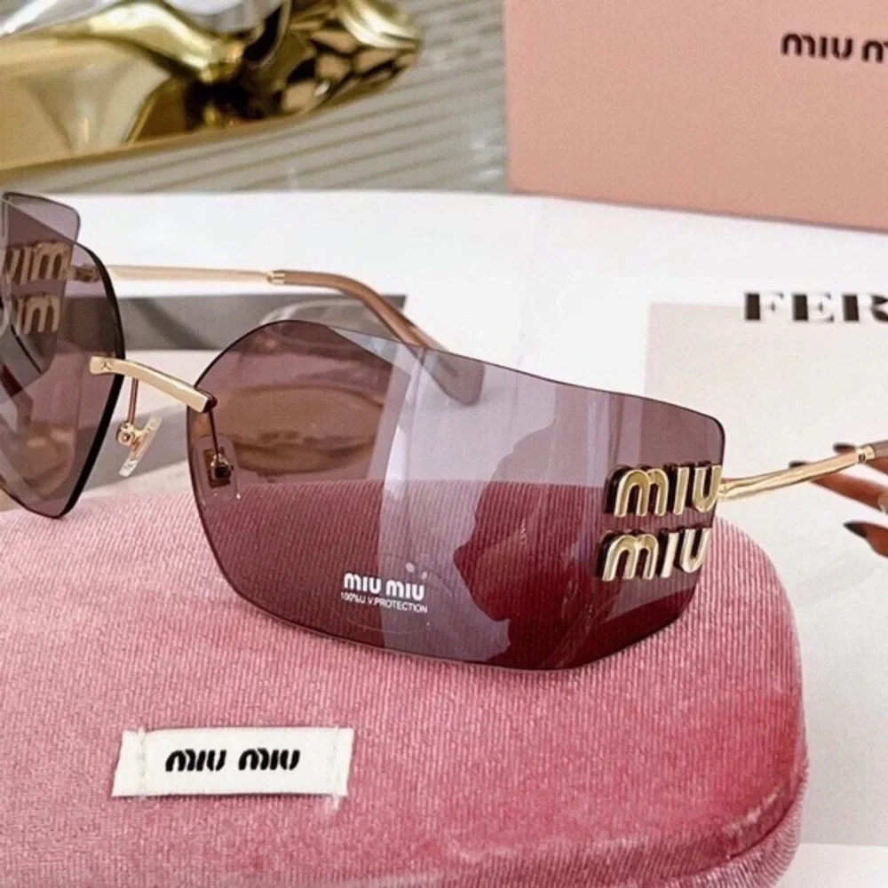 Miu Miu Rimless Sunglasses with Mauve Lenses and Gold Temples - Picture 2 of 5